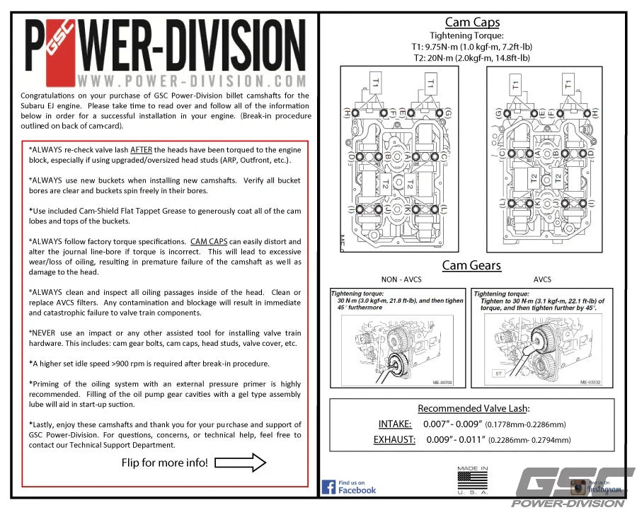 GSC Power Division S3 Billet Performance Camshaft Kit EJ25 GRB/F STI DAVCS