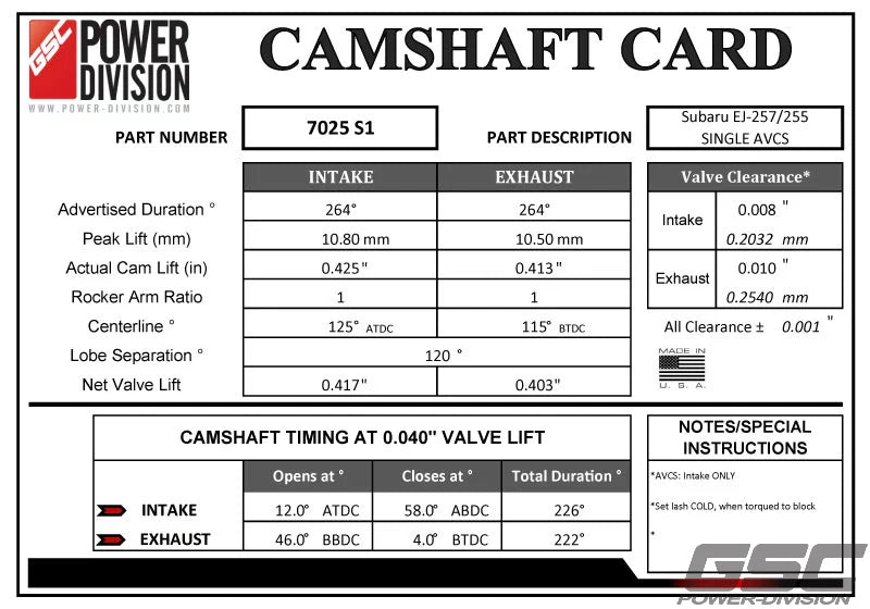 GSC Power Division S1 Billet Performance Camshaft Kit EJ25 DBW