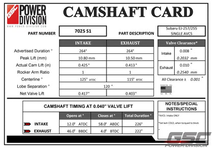 GSC Power Division S1 Billet Performance Camshaft Kit EJ25 DBW