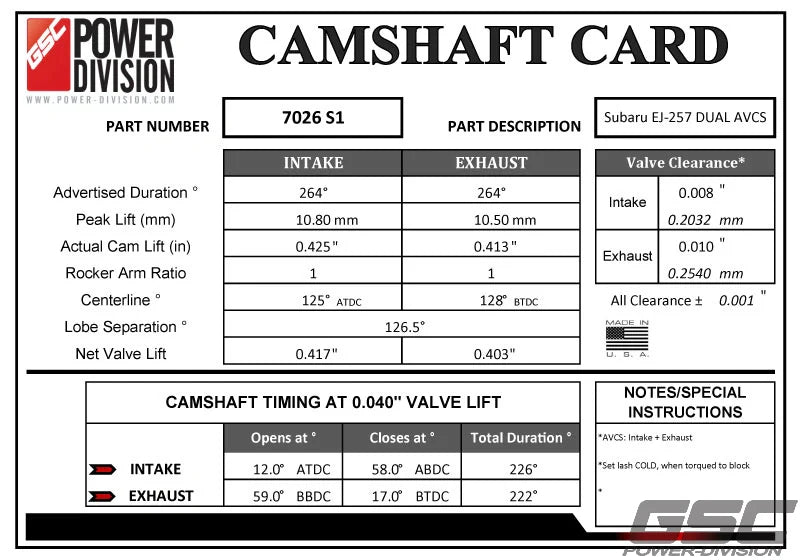 GSC Power Division S1 Billet Performance Camshaft Kit EJ25 GRB/F STI DAVCS