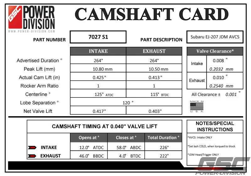GSC Power Division S1 Billet Performance Camshaft Kit STi V7 - V9 Non DBW