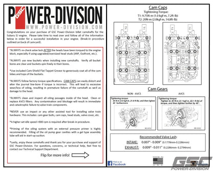 GSC Power Division S2 Billet Performance Camshaft Kit STi V7 - V9 Non DBW